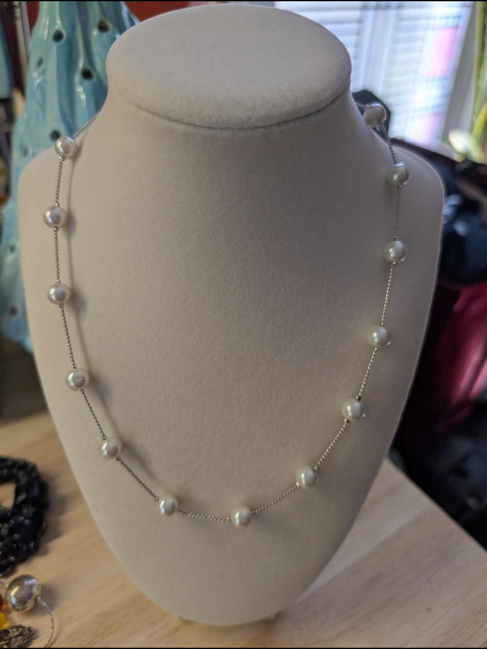 Classic Pearl Station Necklace - White Pearls on Silver Chain